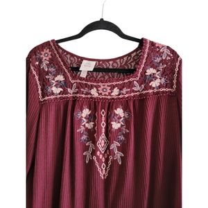 Embroidered summer top, maroon, size XL, long sleeve